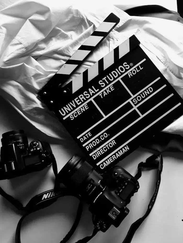 Black and white photo of a film clapperboard and cameras on a white surface.