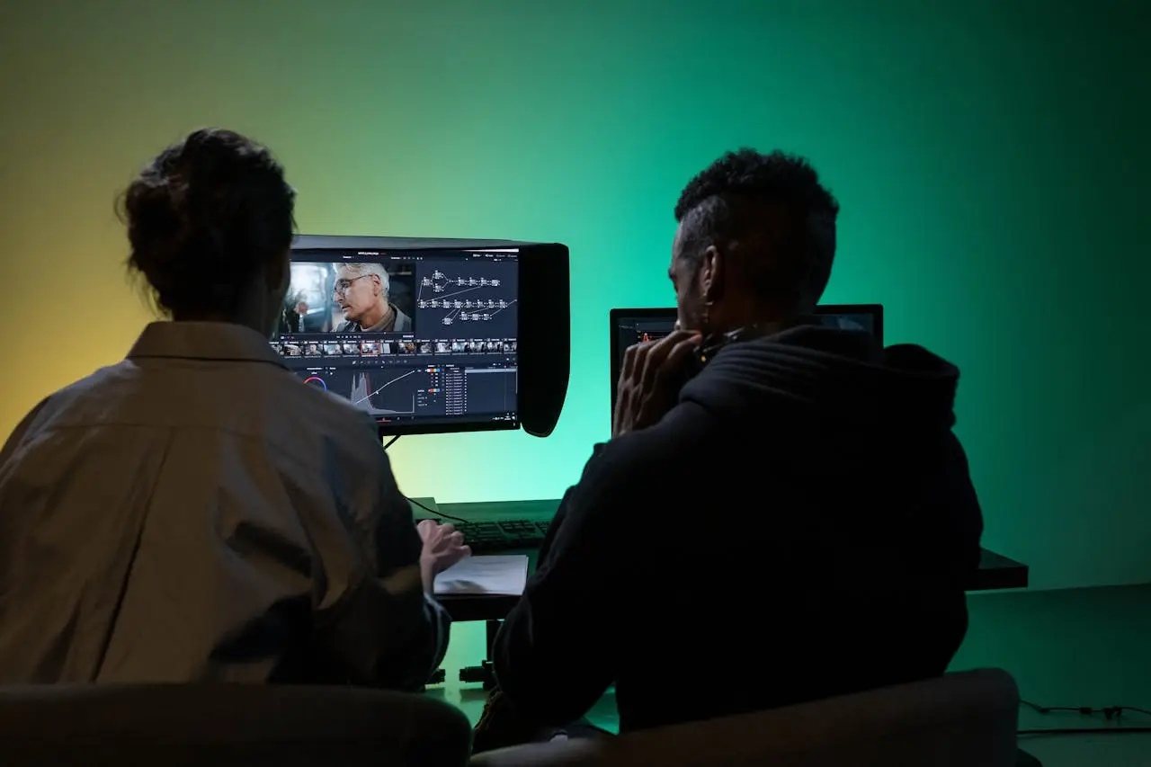 Two professionals collaborate on video editing with color grading software.